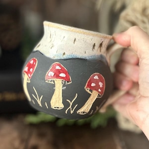 Mushroom Mug, Hand-Carved Red Sgraffito Pottery Coffee Cup