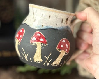 Mushroom Mug, Hand-Carved Red Sgraffito Pottery Coffee Cup