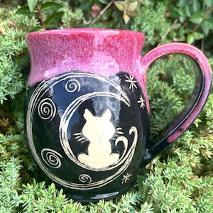 Keramikbecher mit Katzenmotiv, rosa-schwarze Kaffeetasse mit himmlischer Katzenmotiv