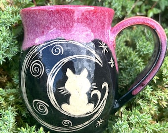 Ceramic Cat Mug, Pink and Black Celestial Cat Coffee Cup