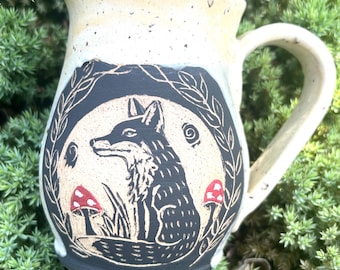 Hand Carved Fox Mug, Sgraffito Pottery, Whimsical Coffee Mug, Cottagecore, Autumn Colors, Fairytale Inspired