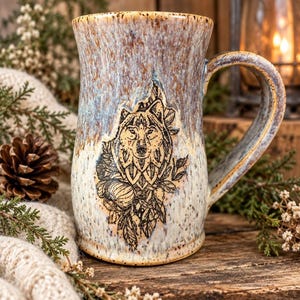 Wolf Pottery Mug, White Stoneware Coffee Cup with Buttercream Glaze