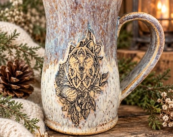 Wolf Pottery Mug, White Stoneware Coffee Cup with Buttercream Glaze