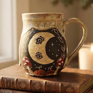 May include: A ceramic mug with a cream-colored rim and a black body featuring a gold crescent moon with spiral eyes, surrounded by white stars, leafy vines, and red-and-white spotted mushrooms at the base, with a curved handle.