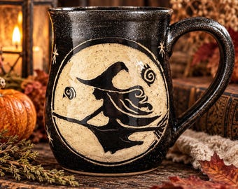 Ceramic Flying Witch Mug, White Stoneware With Hand-Carved FairytaleFlying Design
