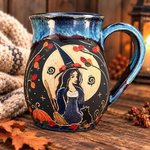 Taza de bruja otoñal, 532 ml (18 oz), taza de gres blanco con esmalte azul.
