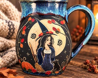 Autumn Witchy Mug, 18 Oz White Stoneware Autumn Witch Cup with Blue Glaze