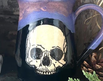 Skull Coffee Mug, Skully Mug, Black Purple Obsidian Glaze, 13–14 oz Stoneware