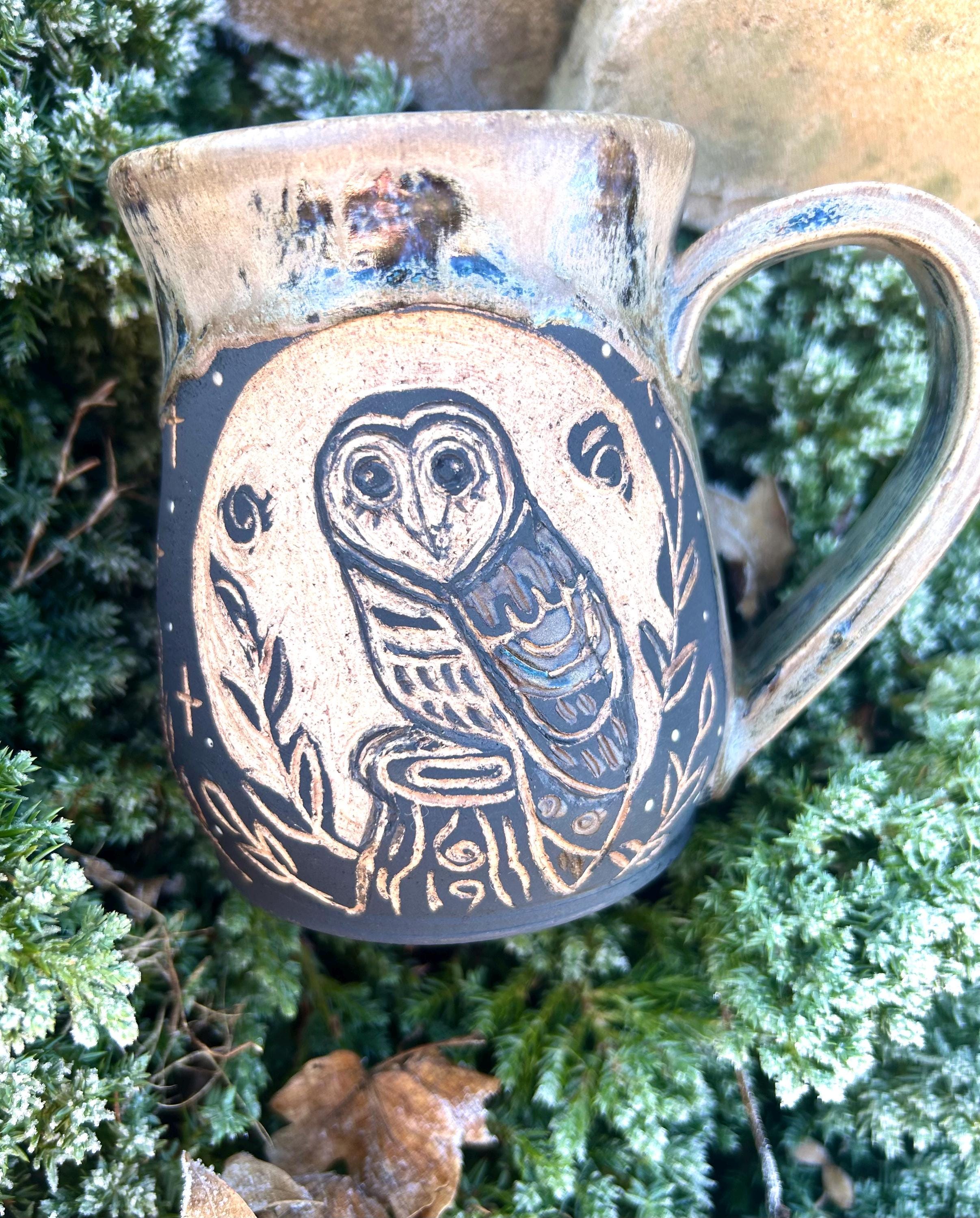 Hand Carved Owl Mug, Owl Pottery, Whimsical Coffee Mug, Folkware, Owl Cup