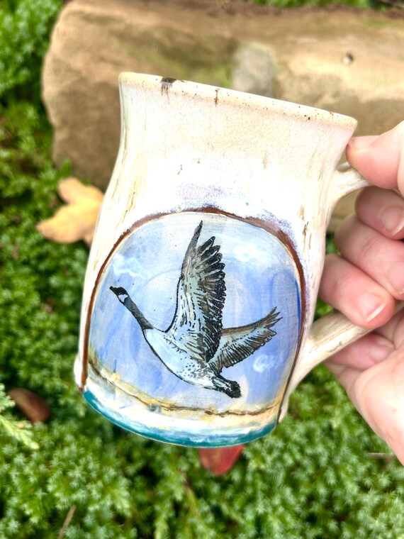 Handmade Ceramic Goose Mug | Rustic Bird Coffee Cup with Hand-Painted Flying Goose Wildlife Art, Farmhouse Decor, Bird Lover Gift