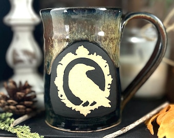 Raven Coffee Mug, 12 Oz Stoneware Wheel-Thrown Corvid Art