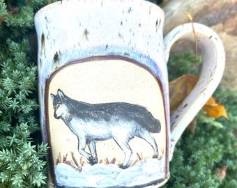 Handmade Wolf Coffee Mug, Hand Painted Stoneware, Wildlife Pottery