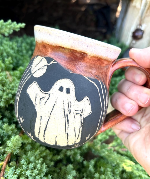 Hand Carved Ghost Mug, Halloween Sgraffito Stoneware Coffee Cup