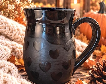 Black Stoneware Heart Mug, Matte Glaze With Glossy Accents