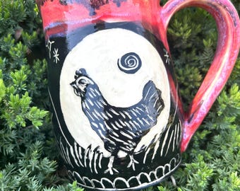 Handmade Chicken Mug: Sgraffito Ceramic Coffee Mug, 16 oz, Folk Mug, Chicken Hen