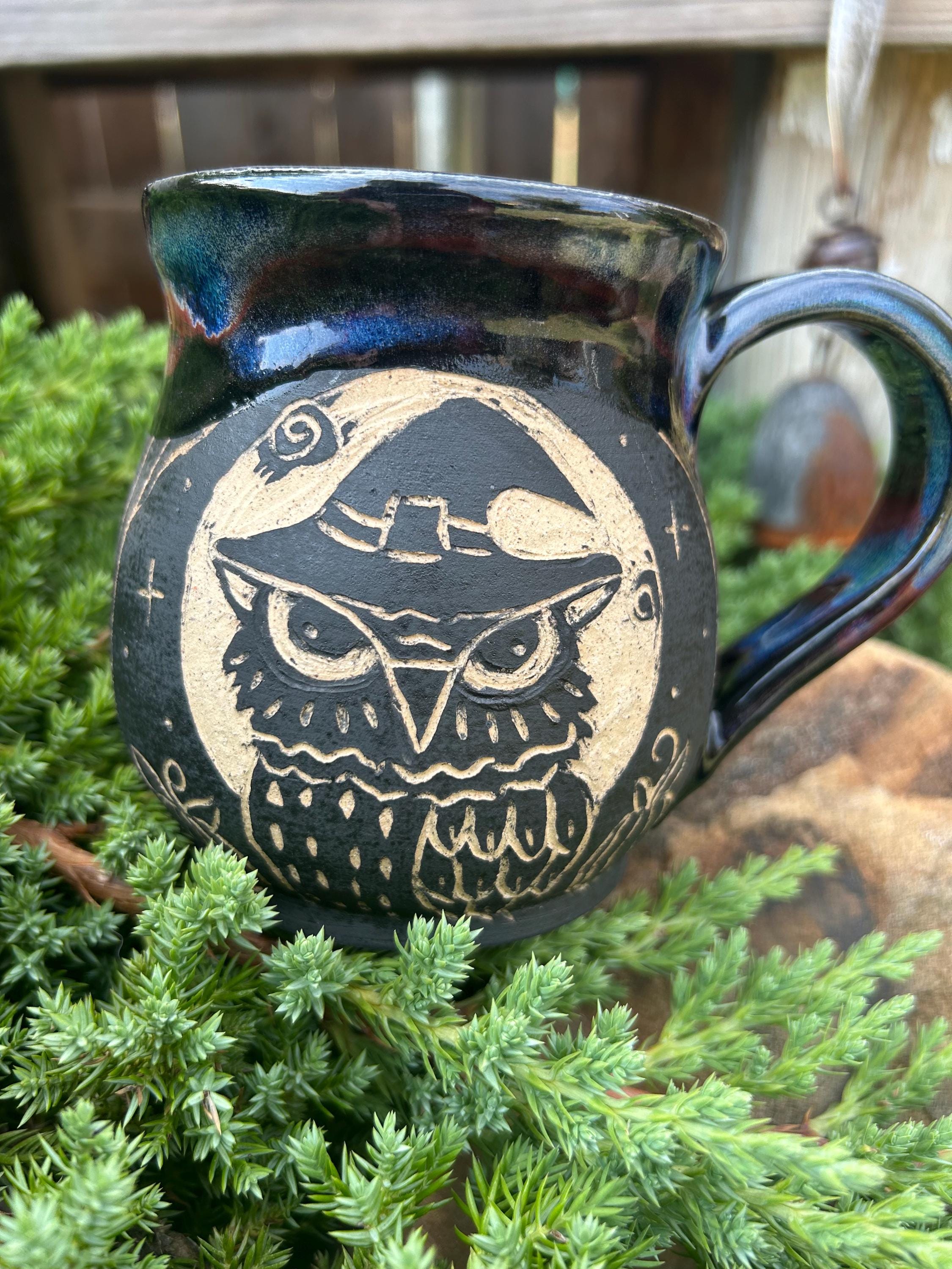 Ready To Ship  - Owl Mug, Halloween Owl Coffee Mug, Owl Moon Mug, Sgraffito Pottery, Handcarved Mug,
