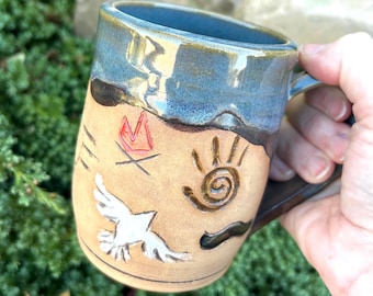 Handmade Earthy Mug with Carved Symbols | Rustic Stoneware Coffee Cup | Spiritual Gift