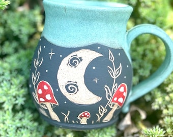 Hand Carved Moon Mug, Sgraffito Pottery, Whimsical Coffee Mug, Cottagecore, Mushroom Mug, Fairytale Inspired
