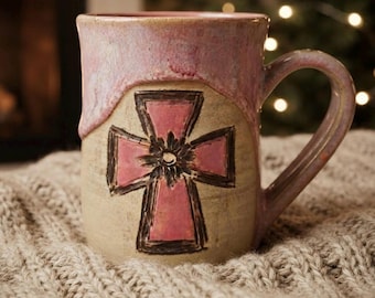 Christian Mug, Ceramic Cross Coffee Cup with Pink and Cream Glaze