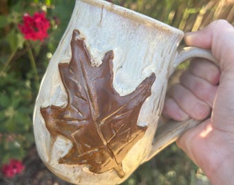 Ceramic oak leaf mug, Fall coffee cup, Leaf pottery mug, Halloween mug