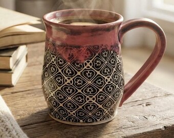 Handmade Pottery Mug, Pink Stoneware Coffee Cup with Black Heart Pattern
