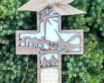 City of David Wooden Cross Ornament | Jesus Christmas Decor, Luke 2:11, Laser Cut