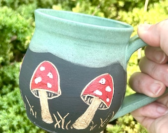 Hand Carved Mushroom Mug, Red Cottagecore Pottery, Fairytale Coffee Cup, Mushroom Coffee Cup
