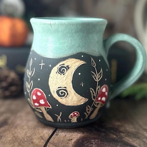 Crescent Moon Mug, Ceramic Woodland Design with Turquoise Glaze