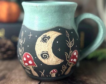 Crescent Moon Mug, Ceramic Woodland Design with Turquoise Glaze