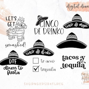 Puede incluir: Un conjunto de archivos de corte digital en blanco y negro para una fiesta del Cinco de Mayo. Los archivos incluyen un sombrero, una piñata y texto que dice "Let's get smashed!" "Cinco de Drinko" "Cinco de Mayo" "DTF down to fiesta" "Tacos y tequila" y "Te amo tequila".