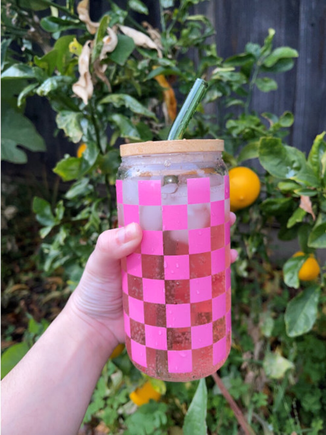 Checker Beer Glass Can Coffee Glass Retro Checker Flower Etsy