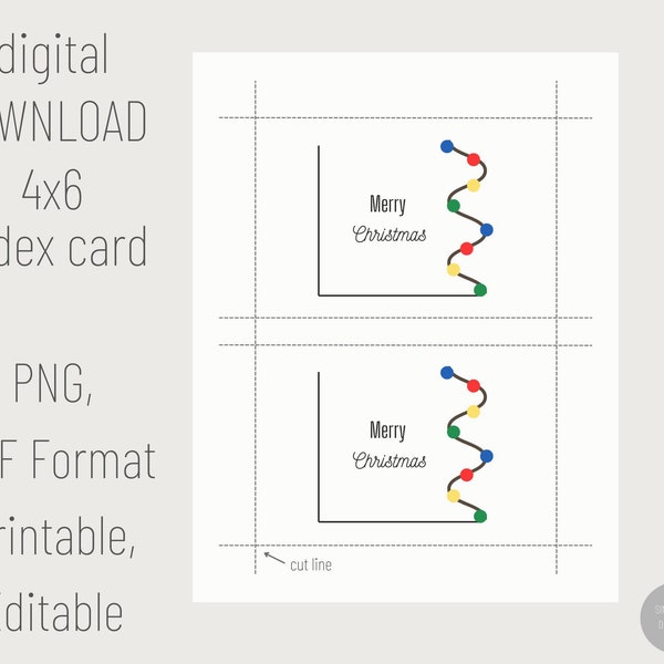 Christmas Note CardGift Digital Print Download, Editable 4x6 Modern Digital Print Cardstock Multi Color Christmas Memo Card Christmas Lights