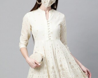 Off White & Golden Dress, Printed Maxi Dress, Kurta, 1940s Dress, Christmas Dress, Aesthetic Clothing, Gift for women, Short Wedding Dress