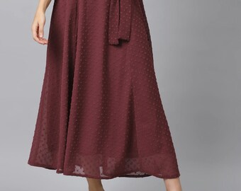Burgundy Dobby Weave Flared Skirt, Festival Clothing, Vintage Skirt, Tulle Skirt, Bohemian Skirt, Maxi Skirt, Linen Skirt, Pleated Skirt