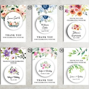 May include: Ten different designs for favor tags with watercolor floral designs and text that says "Thank You for Celebrating with Me". Each tag features a round sticker with a floral design and personalized text.