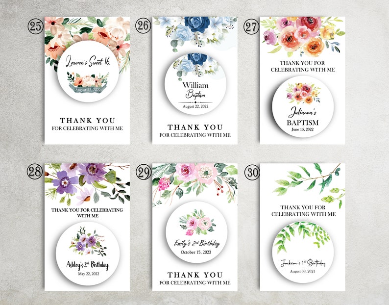 May include: Ten different designs for favor tags with watercolor floral designs and text that says "Thank You for Celebrating with Me". Each tag features a round sticker with a floral design and personalized text.
