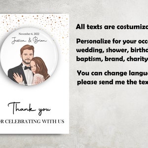 Puede incluir: Una tarjeta blanca con un fondo de purpurina dorada. La tarjeta tiene una imagen redonda de una pareja en el centro. El texto "November 6, 2022 Jessica & Brian" est&aacute; por encima de la imagen. El texto "Thank you" est&aacute; debajo de la imagen. El texto "FOR CELEBRATING WITH US" est&aacute; debajo del texto "Thank you". El texto "All texts are customizable" est&aacute; en el lado derecho de la tarjeta. El texto "Personalize for your occasion wedding, shower, birthday, baptism, brand, charity.." est&aacute; debajo del texto "All texts are customizable". El texto "You can change language, please send me the text" est&aacute; debajo del texto "Personalize for your occasion wedding, shower, birthday, baptism, brand, charity..".