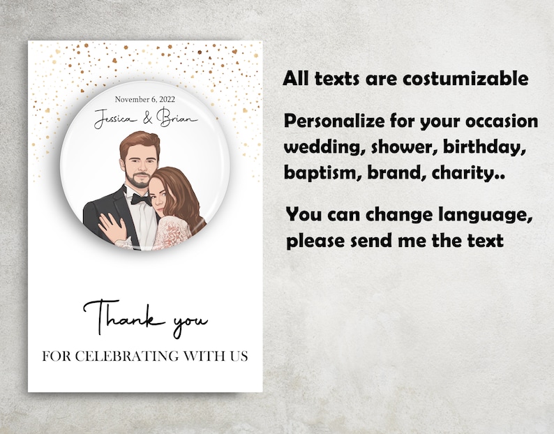Puede incluir: Una tarjeta blanca con un fondo de purpurina dorada. La tarjeta tiene una imagen redonda de una pareja en el centro. El texto "November 6, 2022 Jessica & Brian" est&aacute; por encima de la imagen. El texto "Thank you" est&aacute; debajo de la imagen. El texto "FOR CELEBRATING WITH US" est&aacute; debajo del texto "Thank you". El texto "All texts are customizable" est&aacute; en el lado derecho de la tarjeta. El texto "Personalize for your occasion wedding, shower, birthday, baptism, brand, charity.." est&aacute; debajo del texto "All texts are customizable". El texto "You can change language, please send me the text" est&aacute; debajo del texto "Personalize for your occasion wedding, shower, birthday, baptism, brand, charity..".