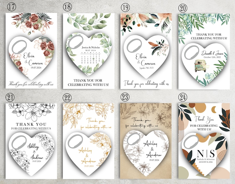May include: Set of ten wedding favor bottle openers with different designs. Each bottle opener is shaped like a heart and features a different floral design, including a calendar, a vintage van, and a moon and stars. The bottle openers are printed with the names of the couples and their wedding dates.