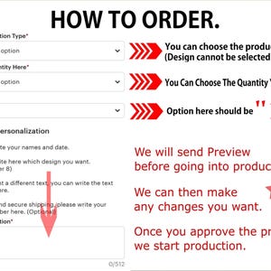 K&ouml;nnte beinhalten: Eine wei&szlig;e Grafik mit dem Text &bdquo;HOW TO ORDER&ldquo; oben. Das Bild enth&auml;lt Anweisungen zur Bestellung eines personalisierten Produkts, einschlie&szlig;lich der Auswahl von Optionen, Menge und Hinzuf&uuml;gen von Personalisierungsdetails. Rote Pfeile heben die wichtigsten Schritte hervor.