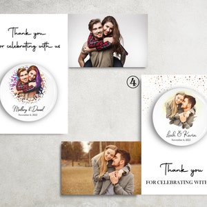 Puede incluir: Dos tarjetas de agradecimiento de boda con una foto de una pareja en cada una. Las tarjetas tienen un fondo blanco con confeti dorado y el texto "Gracias por celebrar con nosotros".