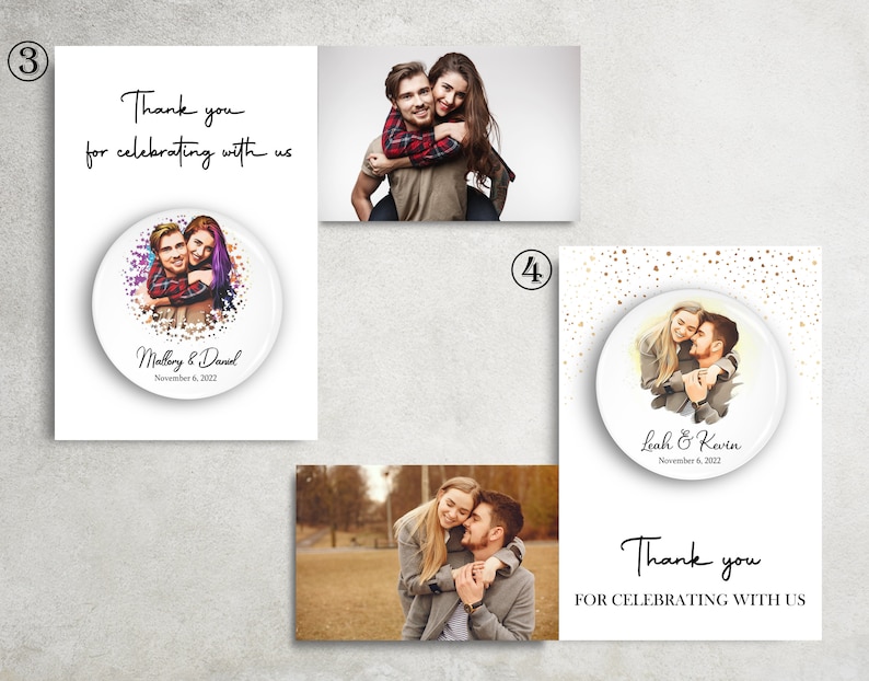 Puede incluir: Dos tarjetas de agradecimiento de boda con una foto de una pareja en cada una. Las tarjetas tienen un fondo blanco con confeti dorado y el texto "Gracias por celebrar con nosotros".