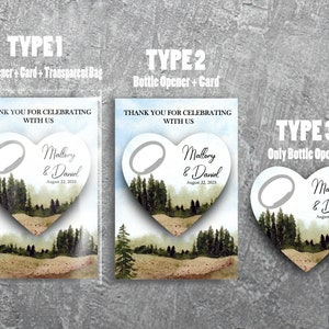 May include: Three different types of wedding favors featuring a heart-shaped bottle opener with a watercolor forest scene. The bottle opener has the text "Mallory & Daniel" and the date "August 22, 2023".