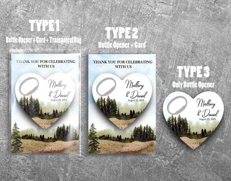 May include: Three different types of wedding favors featuring a heart-shaped bottle opener with a watercolor forest scene. The bottle opener has the text "Mallory & Daniel" and the date "August 22, 2023".