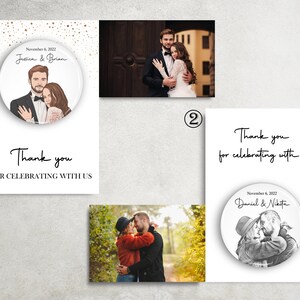 Puede incluir: Dos tarjetas de agradecimiento de boda con una foto redonda de la pareja en cada tarjeta. La primera tarjeta tiene una ilustraci&oacute;n colorida de la pareja y el texto "November 6, 2022 Jessica & Brian". La segunda tarjeta tiene una foto en blanco y negro de la pareja y el texto "November 6, 2022 Daniel & Nikita". Ambas tarjetas tienen el texto "Gracias por celebrar con nosotros".