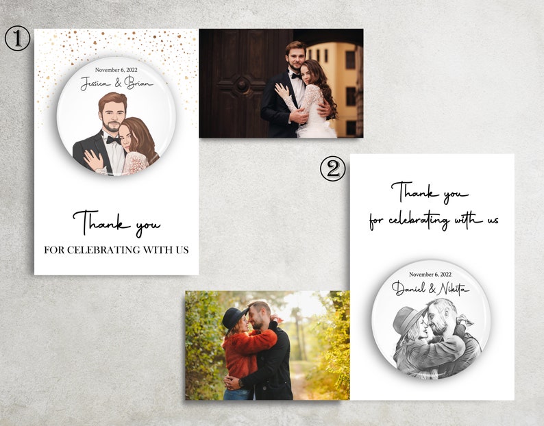 Puede incluir: Dos tarjetas de agradecimiento de boda con una foto redonda de la pareja en cada tarjeta. La primera tarjeta tiene una ilustraci&oacute;n colorida de la pareja y el texto "November 6, 2022 Jessica & Brian". La segunda tarjeta tiene una foto en blanco y negro de la pareja y el texto "November 6, 2022 Daniel & Nikita". Ambas tarjetas tienen el texto "Gracias por celebrar con nosotros".