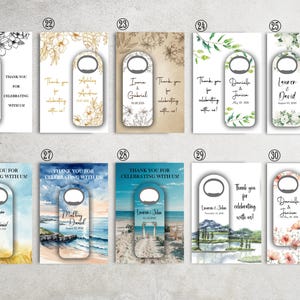 K&ouml;nnte beinhalten: Eine Auswahl an Flaschen&ouml;ffner-Gastgeschenken mit verschiedenen floralen und landschaftlichen Hintergr&uuml;nden. Jeder &Ouml;ffner hat ein individuelles Design, mit Namen, Daten und dem Text "Danke, dass Sie mit uns feiern!"