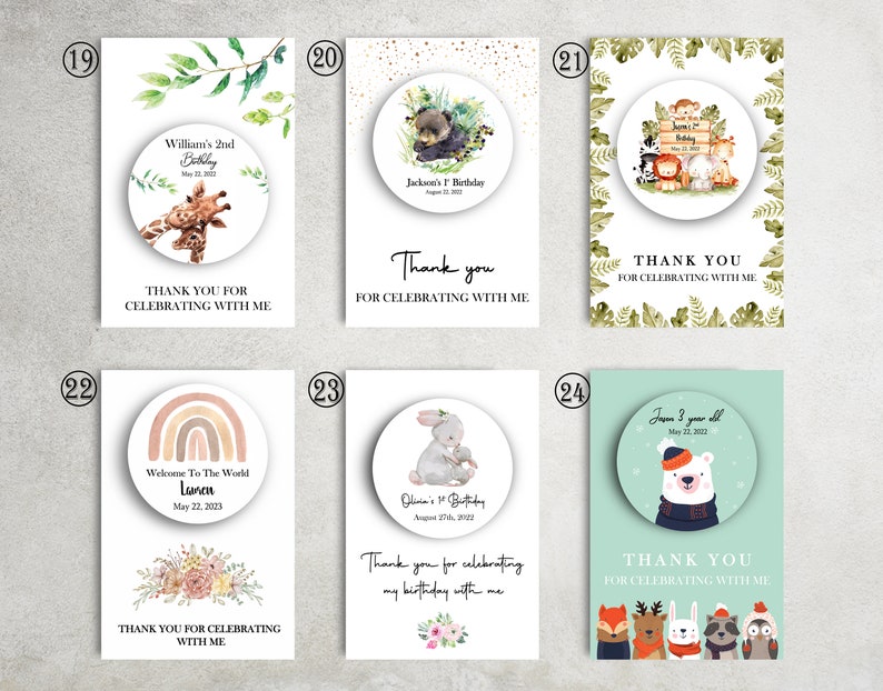May include: Ten thank you cards with different animal themes. Each card features a round sticker with an animal illustration and a personalized message. The cards are perfect for a baby shower, birthday party, or other special occasion.