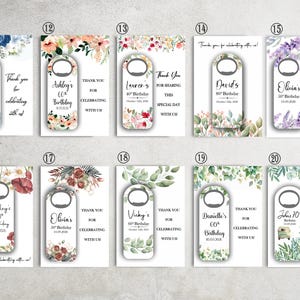 May include: A collection of bottle opener favors with floral designs and personalized text for birthdays. Each opener features a unique floral border and the text "Thank you for celebrating with us!"