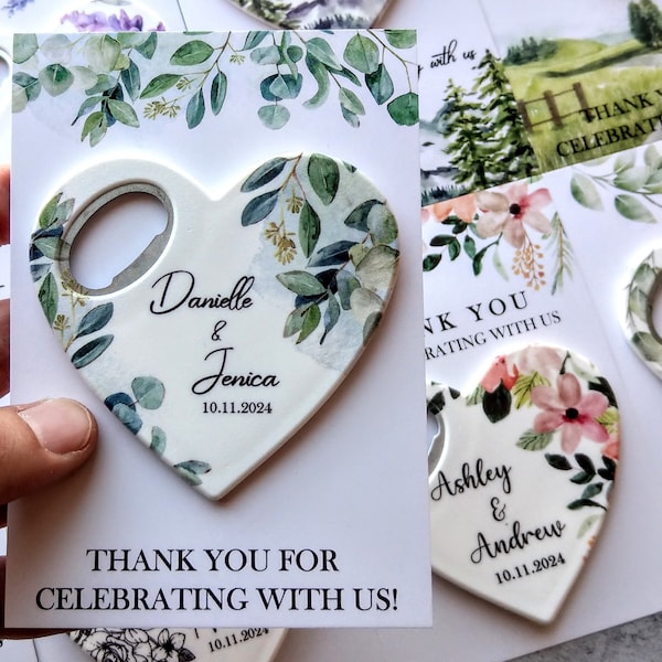 Bottle opener Wedding favors for guests in bulk, heart shape Wedding Magnet, Save the date magnets,  personalised wedding favours